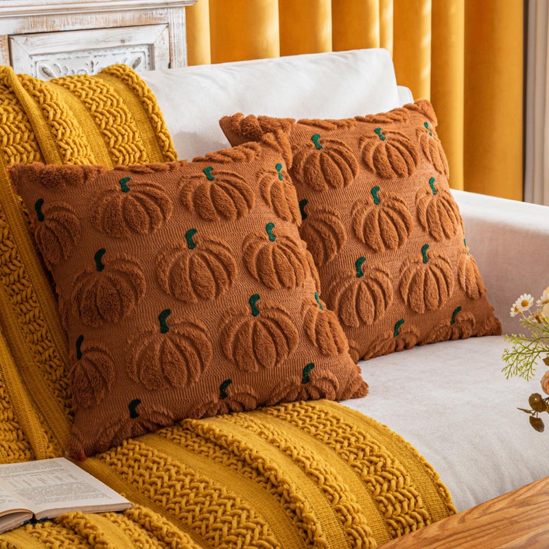 COSIBONO Pumpkin Fall Decorative Throw Pillow Covers 18""x18""  Set of 2 Rust Green Soft Faux Fur Pillow Covers for Autumn Harvest  Fluffy Plush Accent Pillow Cases for Farmhouse Halloween Decor - Image 1